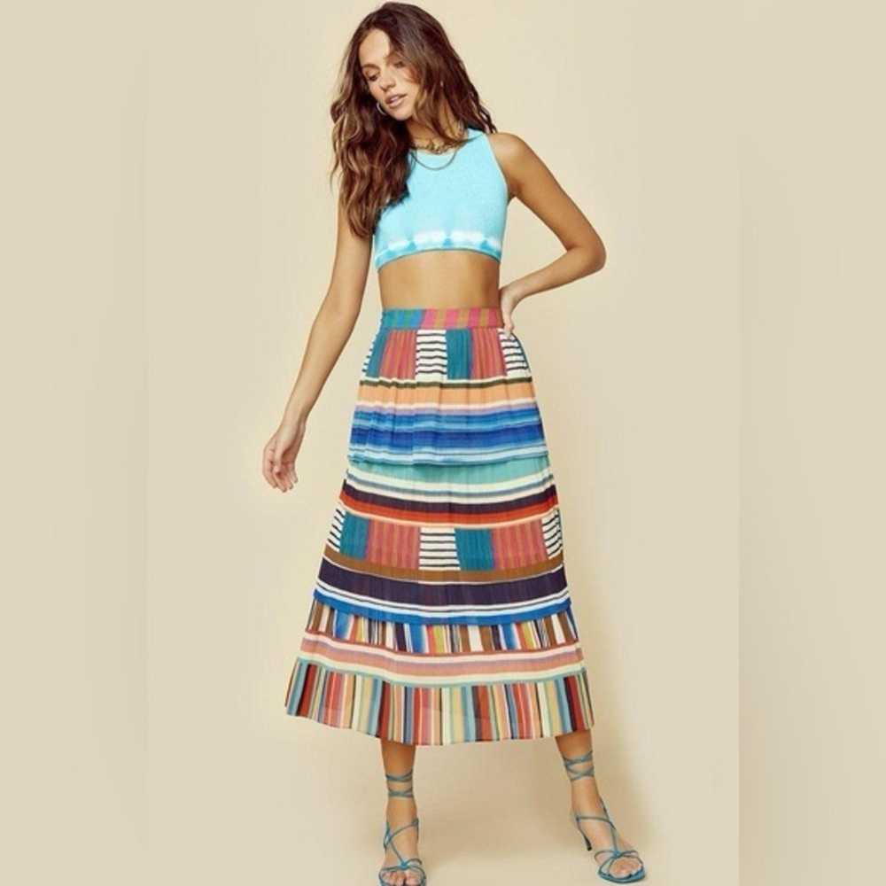 Farm Rio Womens Thalita Stripe Midi Pleated Tiered Skirt